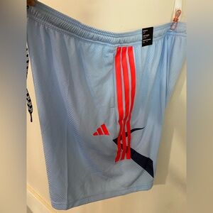 adidas Men’s Light Blue Athletic Shorts with Red Stripe Accents